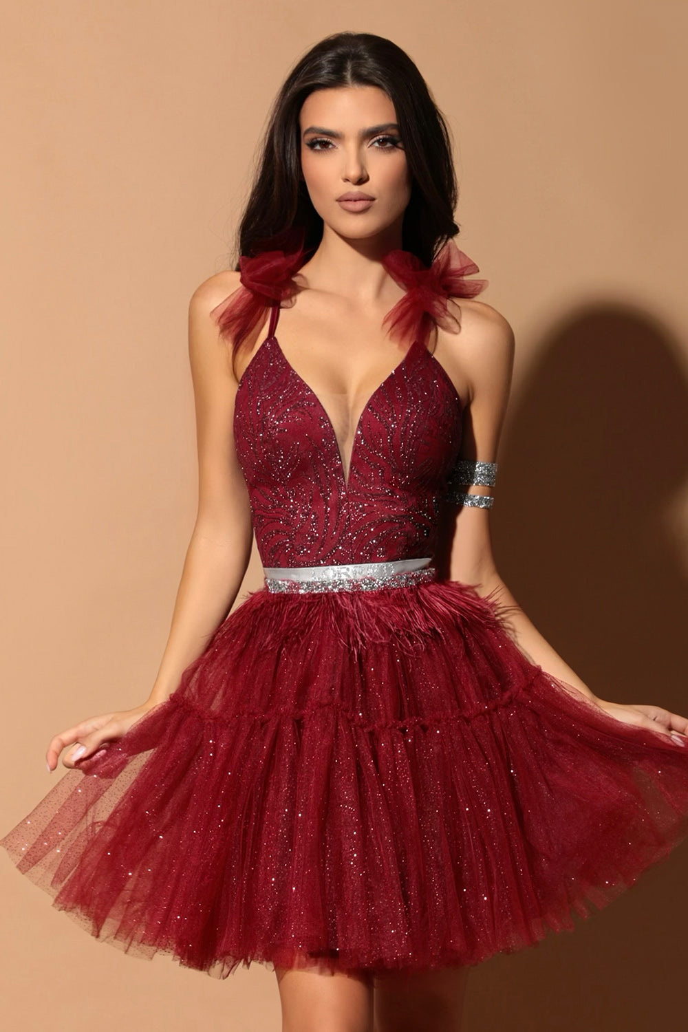 MINI SKIRT AND CROP TOP SET KALLYE GLITTER LACE GLITTER TULLE BURGUNDY