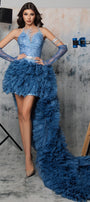 MAXI SKIRT AND CROP TOP SET ROSELYN GLITTER LACE FEATHERS LIGHT BLUE