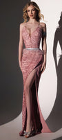 MAXI SKIRT AND CROP TOP SET HARMONI GLITTER LACE FEATHERS POWDER PINK