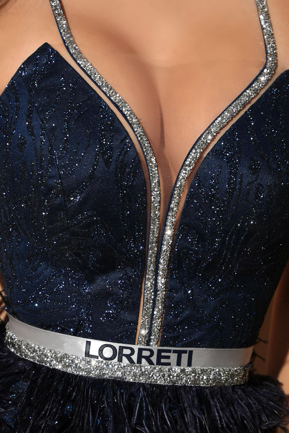MINI SKIRT AND CROP TOP SET KELLY GLITTER LACE RHINESTONE TULLE DARK BLUE