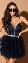 MINI SKIRT AND CROP TOP SET KELLY GLITTER LACE RHINESTONE TULLE DARK BLUE