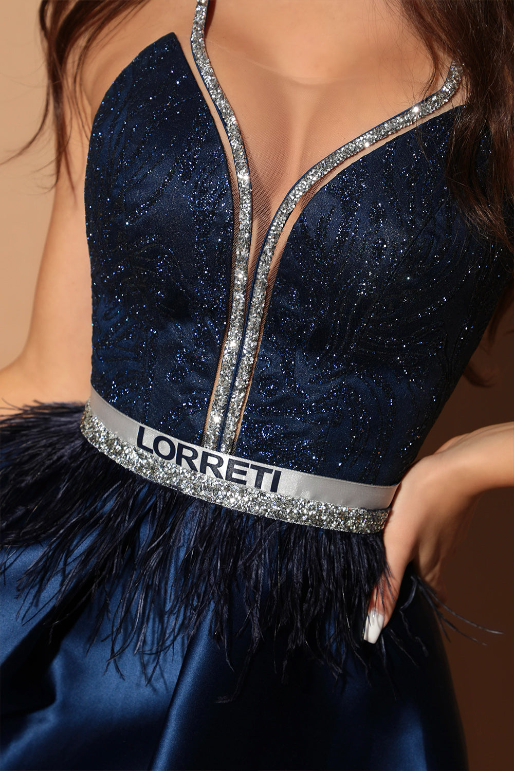 MINI SKIRT AND CROP TOP SET DIMA GLITTER LACE RHINESTONE SATIN DARK BLUE