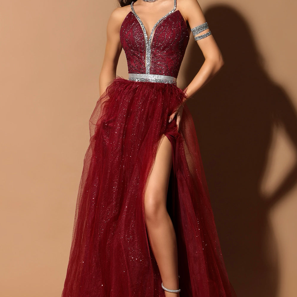 MAXI SKIRT AND CROP TOP SET CANDICE GLITTER LACE RHINESTONE GLITTER TULLE BURGUNDY