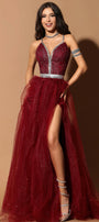 MAXI SKIRT AND CROP TOP SET CANDICE GLITTER LACE RHINESTONE GLITTER TULLE BURGUNDY