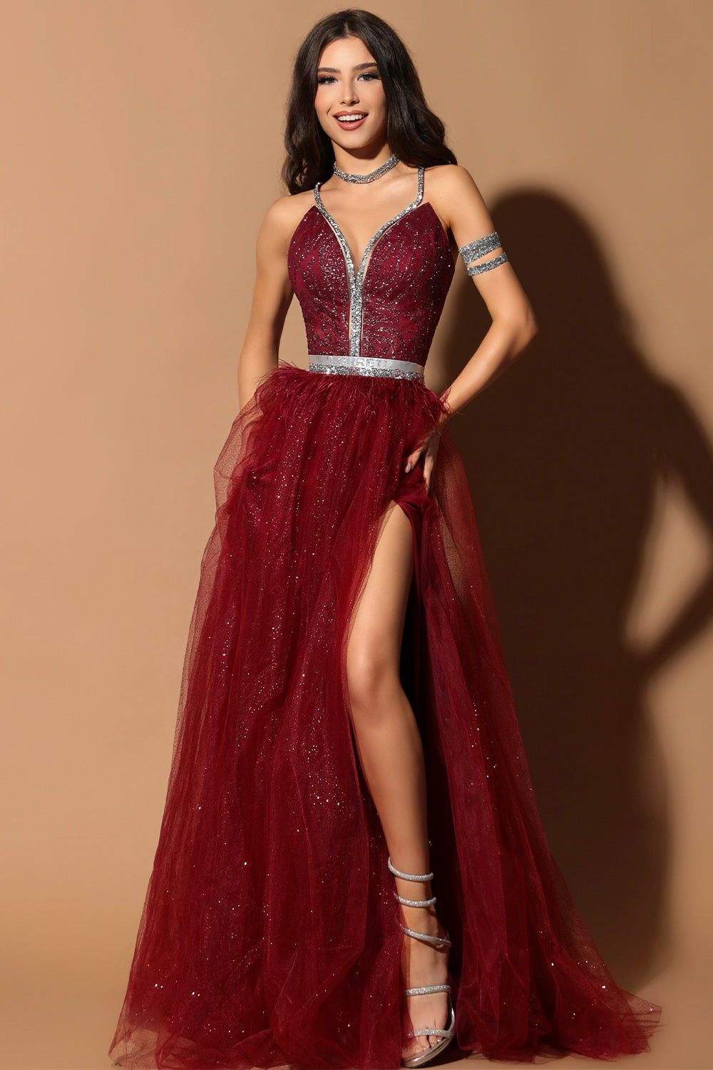 MAXI SKIRT AND CROP TOP SET CANDICE GLITTER LACE RHINESTONE GLITTER TULLE BURGUNDY