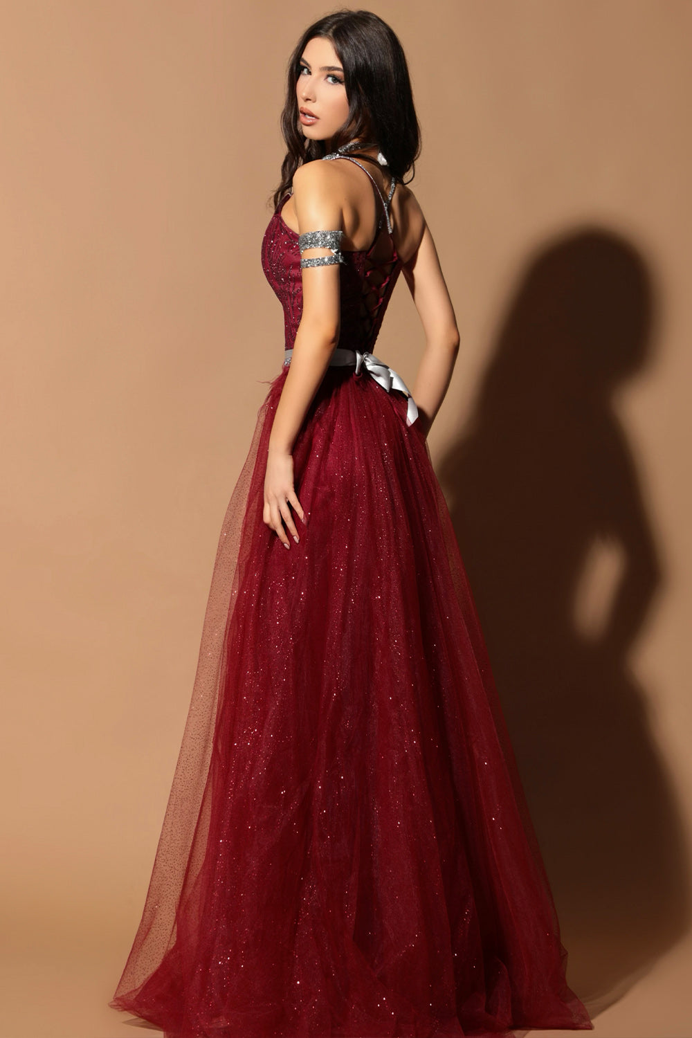 MAXI SKIRT AND CROP TOP SET CANDICE GLITTER LACE RHINESTONE GLITTER TULLE BURGUNDY