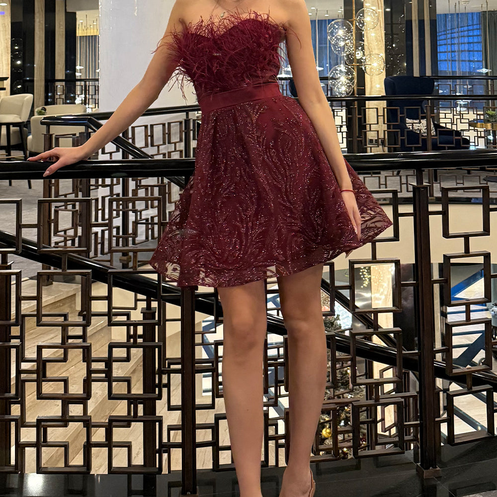 МИНИ СЕТ ТОП С ПОЛА AUDREY ДАНТЕЛА ГЛИТЕР ПЕРА БОРДО