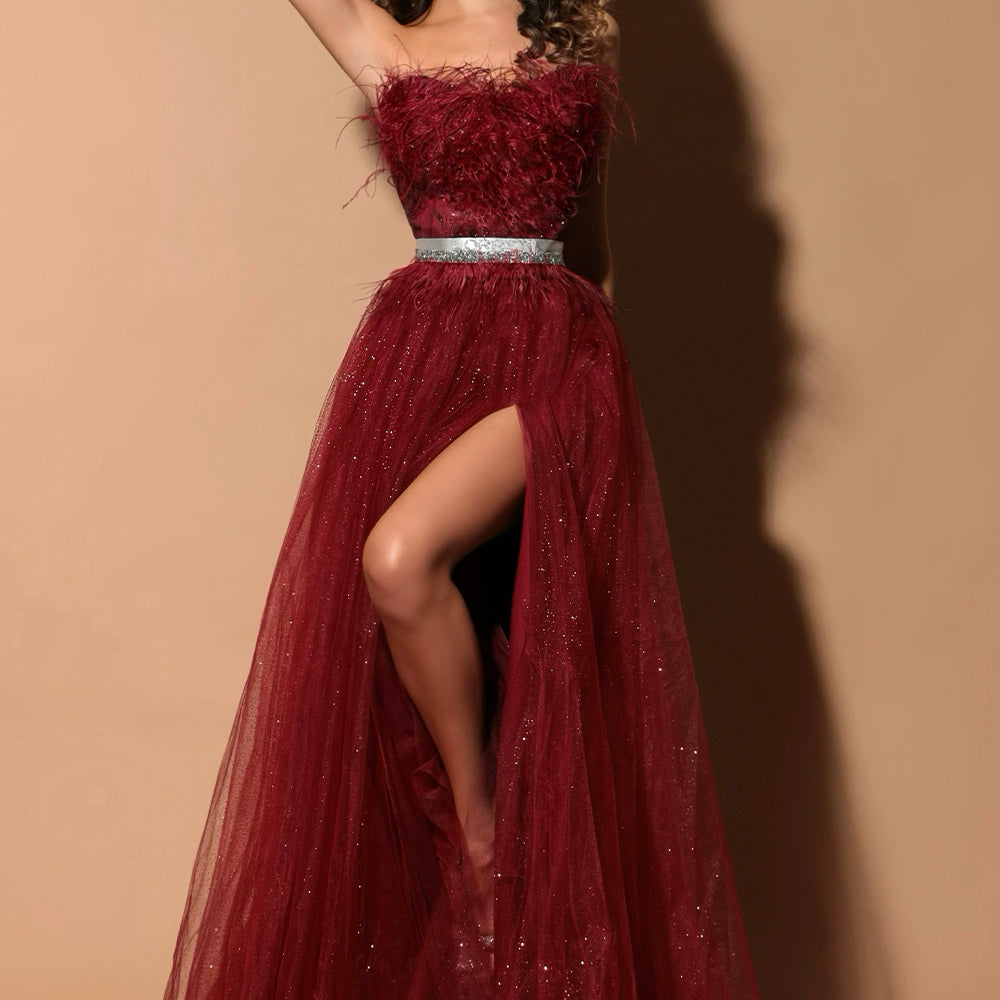 ДЪЛЪГ СЕТ ТОП С ПОЛА PENELOPE ДАНТЕЛА ГЛИТЕР ПЕРА БОРДО