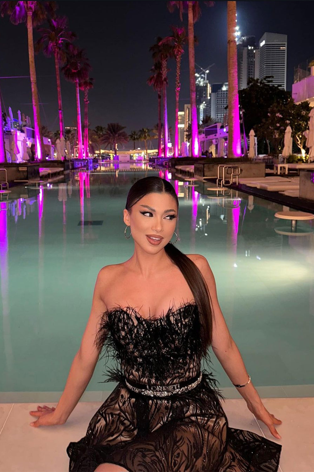 MINI SKIRT AND CROP TOP SET AUDREY GLITTER LACE FEATHERS BLACK AND NUDE