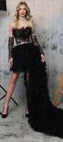 MAXI SKIRT AND CROP TOP SET GIOVANNA GLITTER LACE FEATHERS GLITTER TULLE BLACK AND NUDE