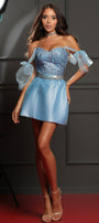 MINI SKIRT AND CROP TOP SET RENATA GLITTER LACE SATIN LIGHT BLUE