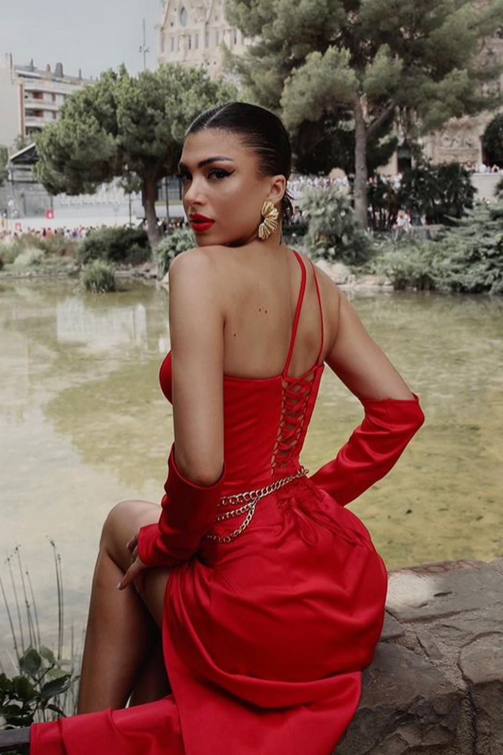 MAXI SKIRT AND CROP TOP SET LACEY 3 PARTS SATIN RED
