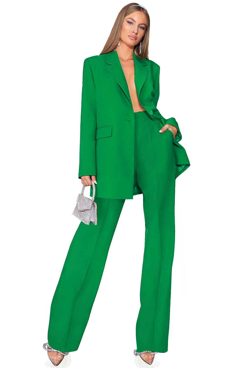 MAXI BLAZER AND PANTS SET 2 PARTS BOSSY BI-STRETCH FABRIC GREEN