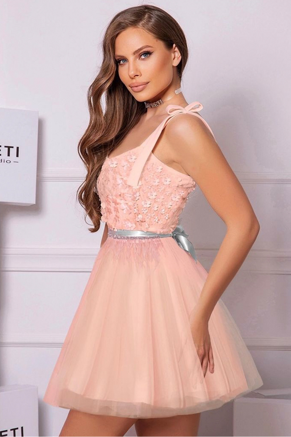 MINI DRESS MARY LACE TULLE SOFT PEACH LORRETI