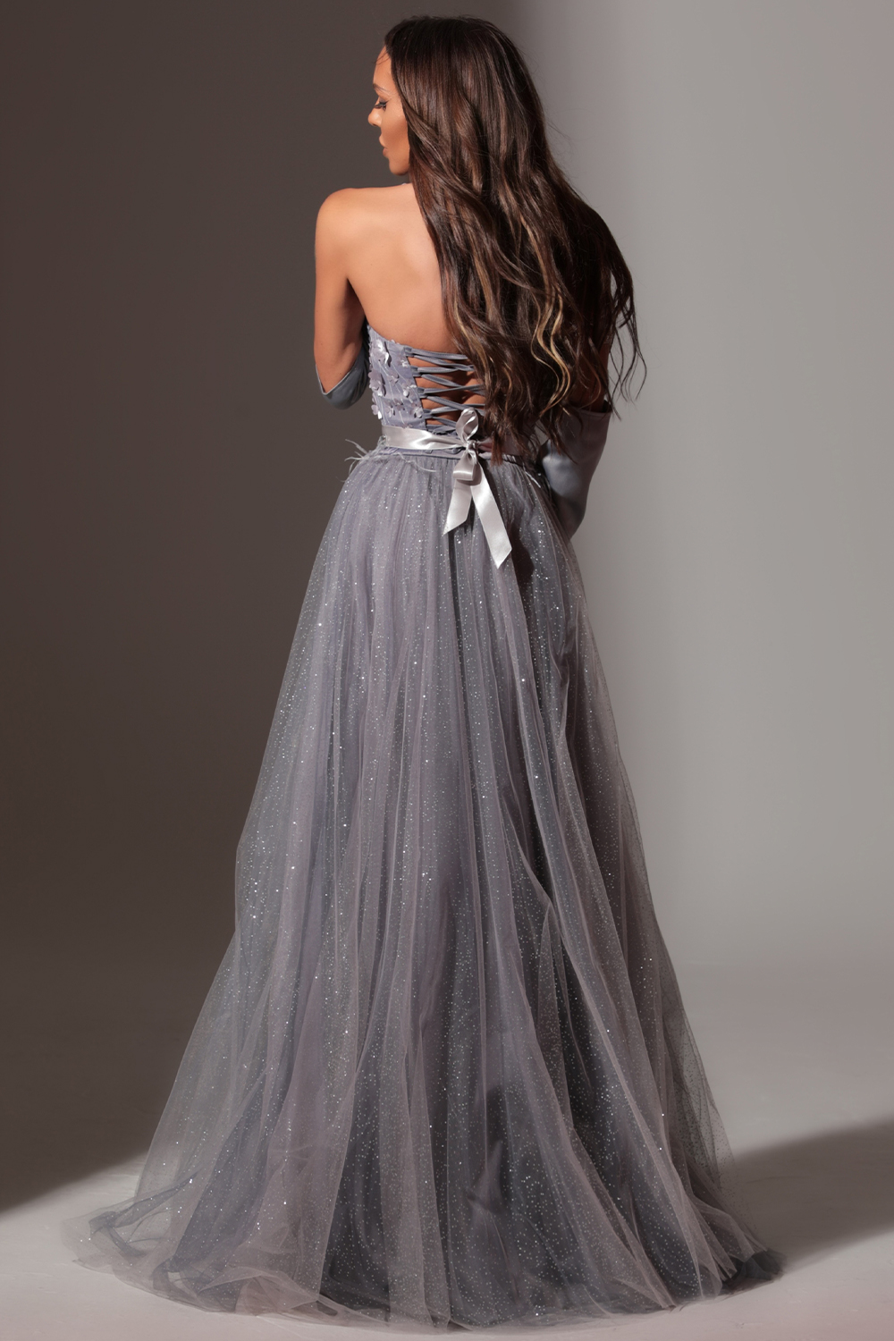 MAXI DRESS PENELOPE FEATHERS GLITTER TULLE DARK GREY