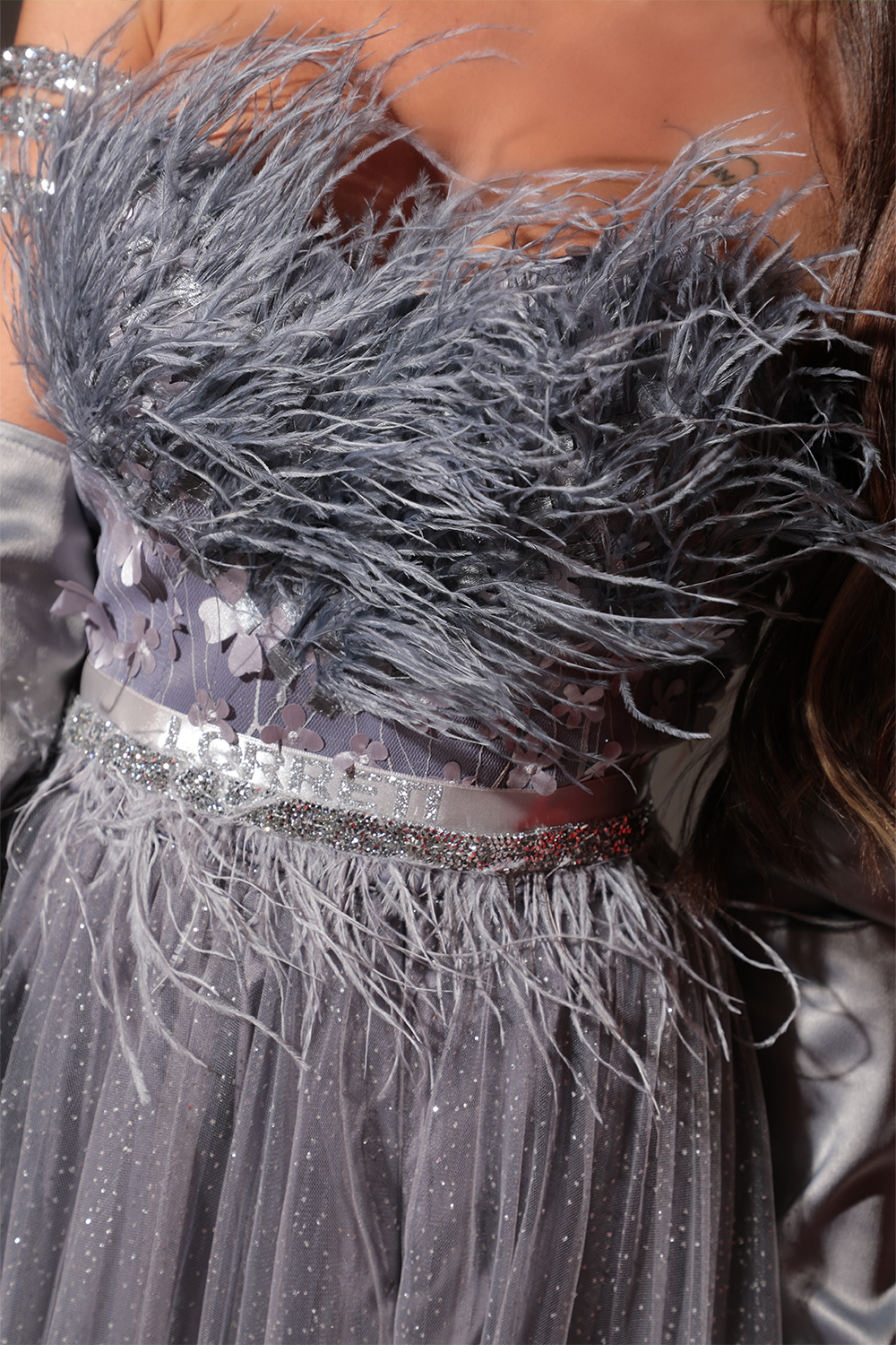 MAXI DRESS PENELOPE FEATHERS GLITTER TULLE DARK GREY