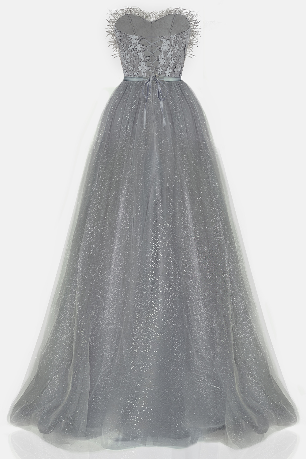 MAXI DRESS PENELOPE FEATHERS GLITTER TULLE DARK GREY