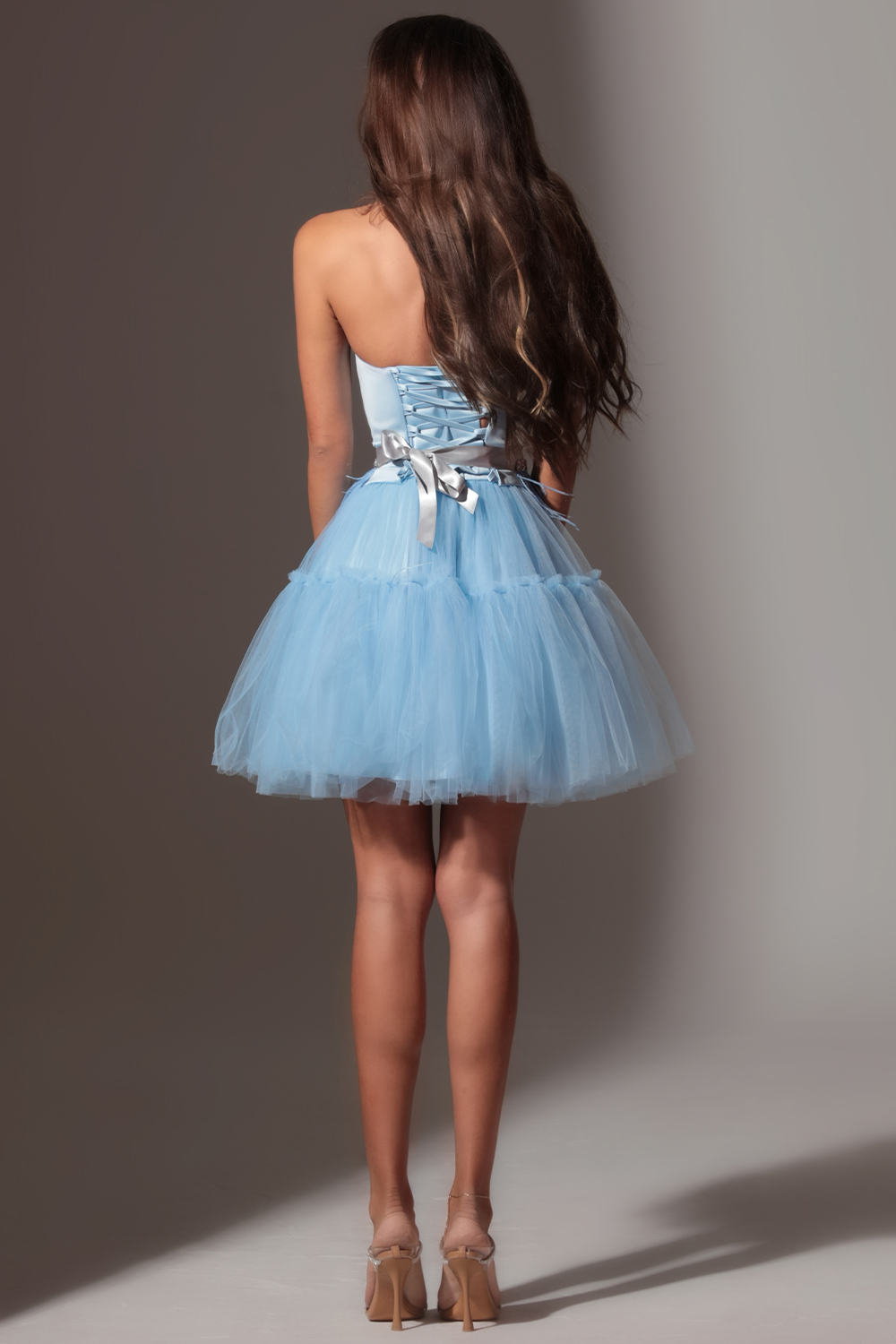 MINI SKIRT AND CROP TOP SET CECILE SATIN TULLE LIGHT BLUE LORETTI