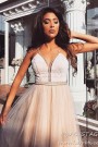 MAXI DRESS CANDICE LACE GLITTER TULLE BEIGE / NUDE