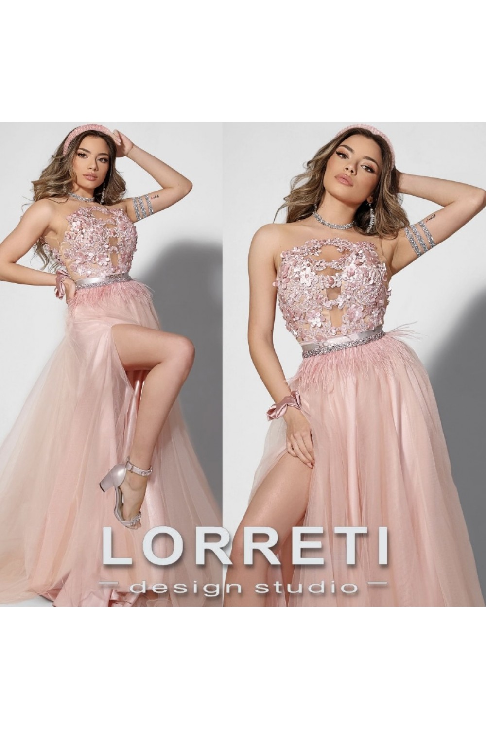 MAXI SKIRT AND CROP TOP SET 2 PARTS AURA LACE TULLE POWDER PINK