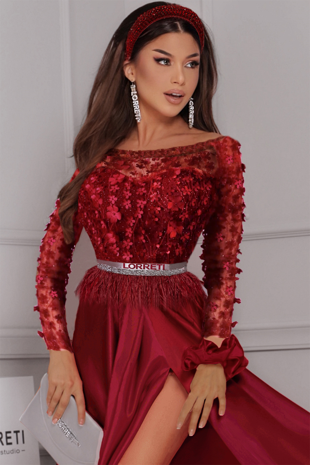 MAXI SKIRT AND CROP TOP SET CARMEN LACE SATIN BURGUNDY