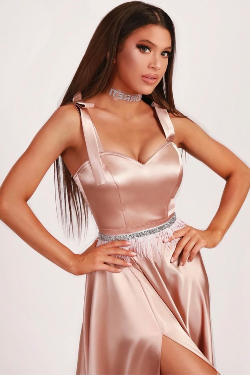 MAXI SKIRT AND CROP TOP SET MARILYN 2 PARTS SATIN POWDER PINK