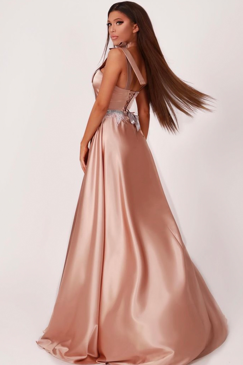 MAXI SKIRT AND CROP TOP SET MARILYN 2 PARTS SATIN POWDER PINK