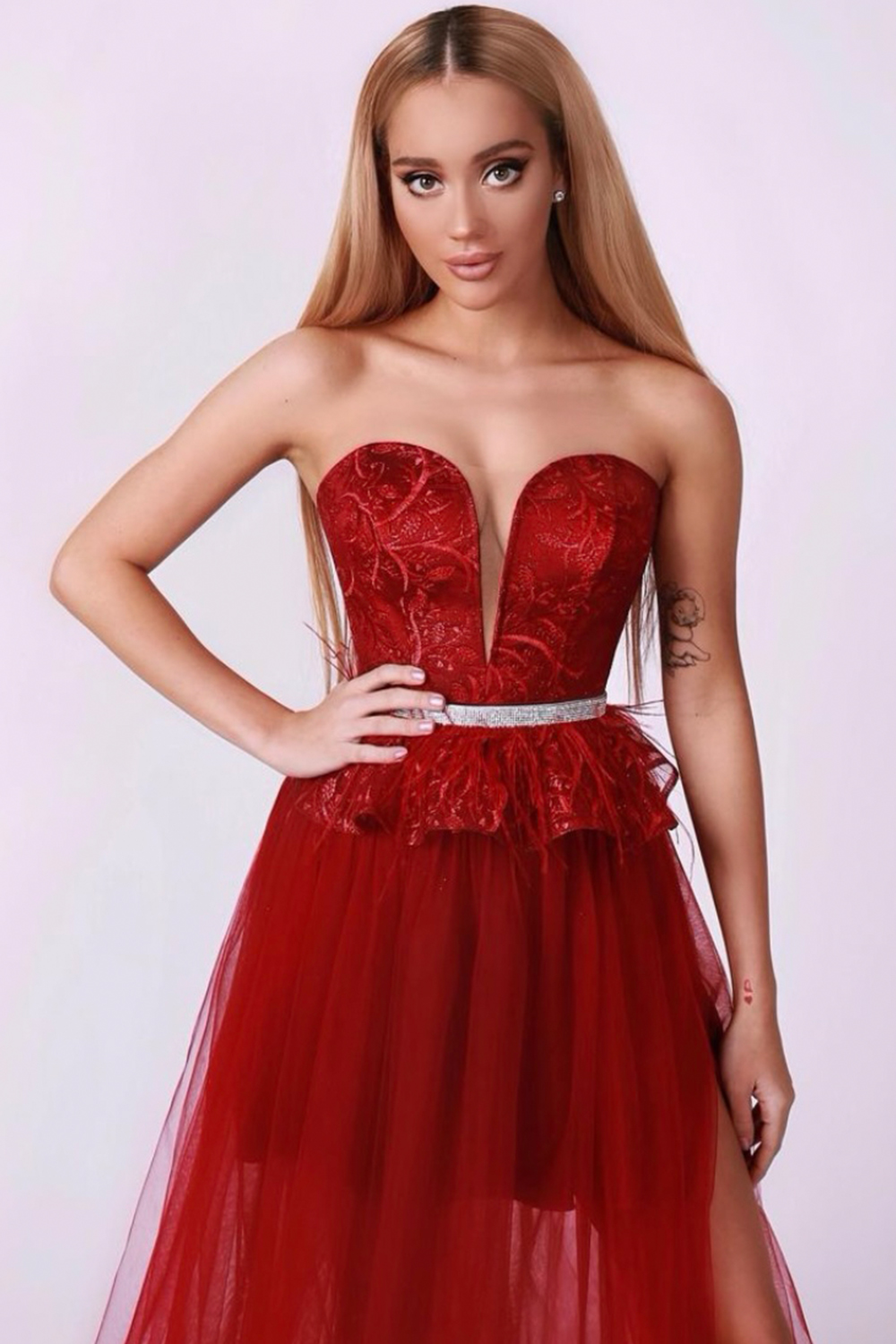 MAXI SKIRT AND CROP TOP SET 3 PARTS BELINDA GLITTER LACE TULLE RED