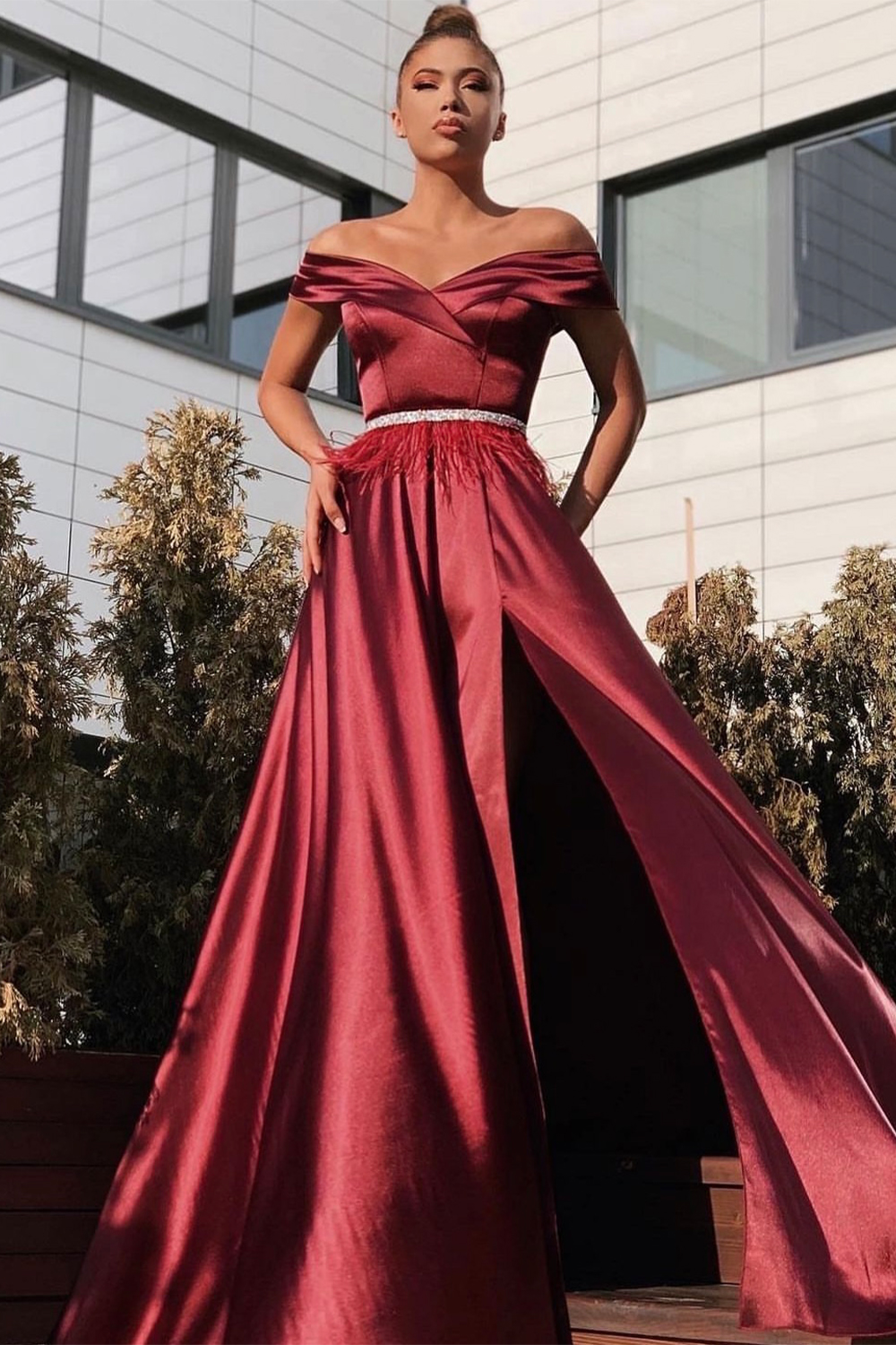 MAXI SKIRT AND CROP TOP SET ALEXANDRA SATIN BURGUNDY 