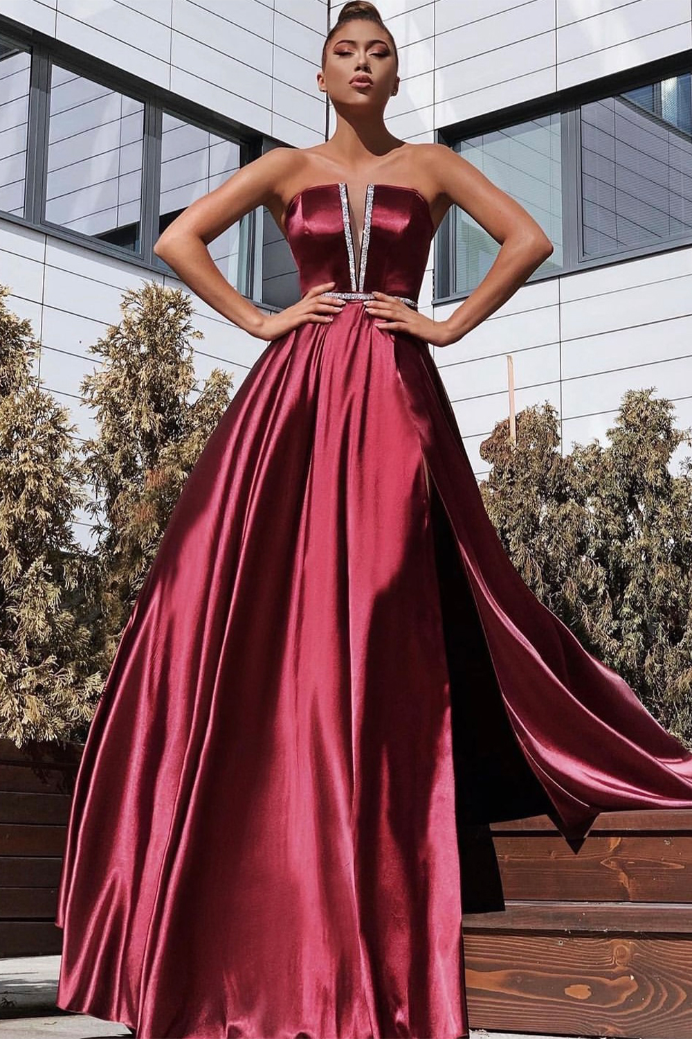 MAXI SKIRT AND CROP TOP SET CELIN SATIN BURGUNDY 