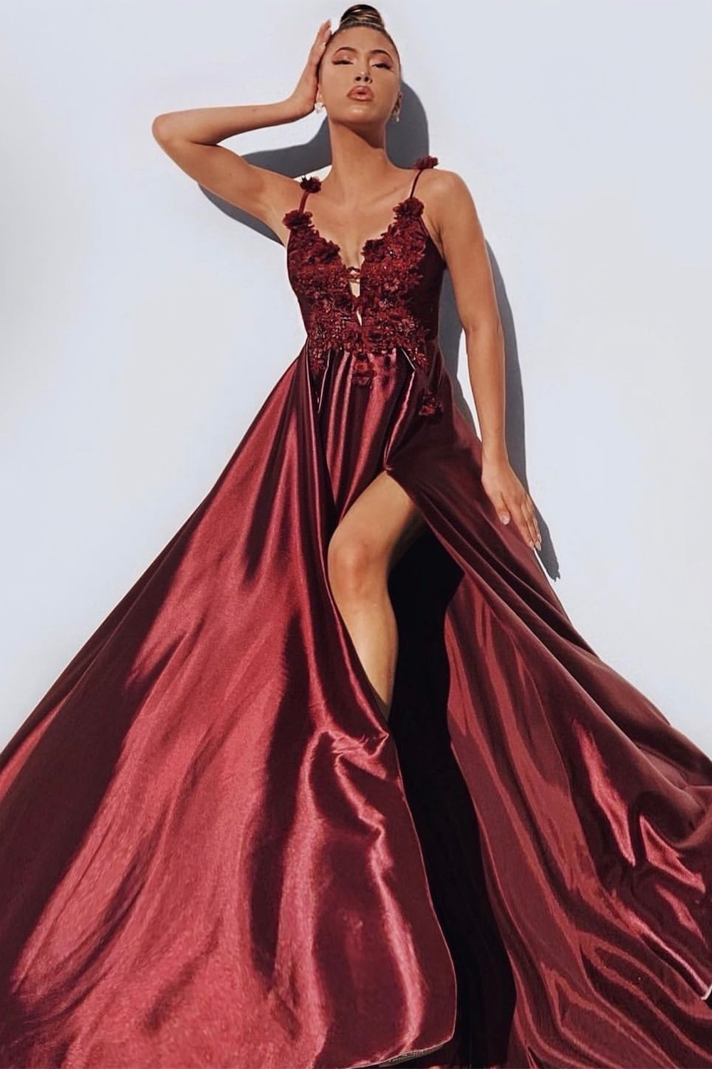 MAXI SKIRT AND CROP TOP SET JASMINE SATIN LACE BURGUNDY 