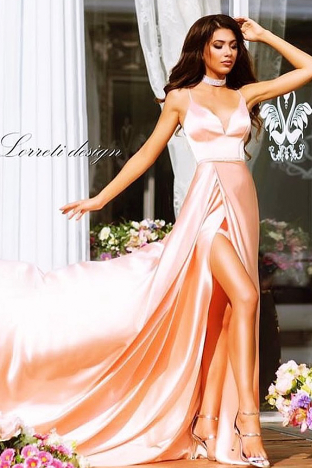 MAXI SKIRT AND CROP TOP SET ADRIANA SATIN SOFT PEACH