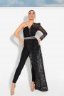 MAXI CROP TOP AND PANTS SET ALLURE 4 PARTS LAME GLITTER LACE BLACK