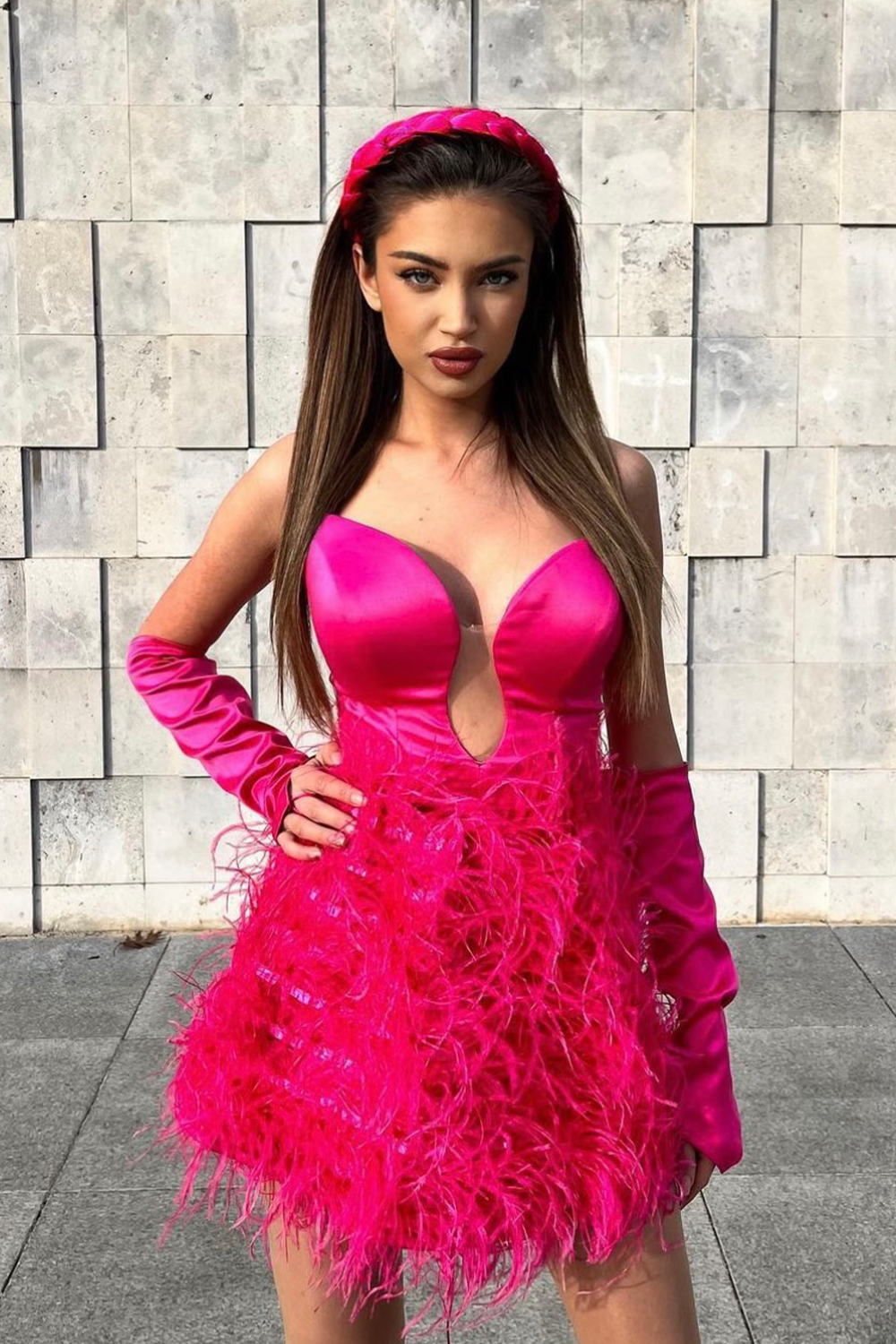 MINI SKIRT AND CROP TOP SET 3 PARTS MIRA SATIN FEATHERS HOT PINK