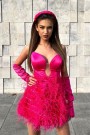 MINI SKIRT AND CROP TOP SET 3 PARTS MIRA SATIN FEATHERS HOT PINK