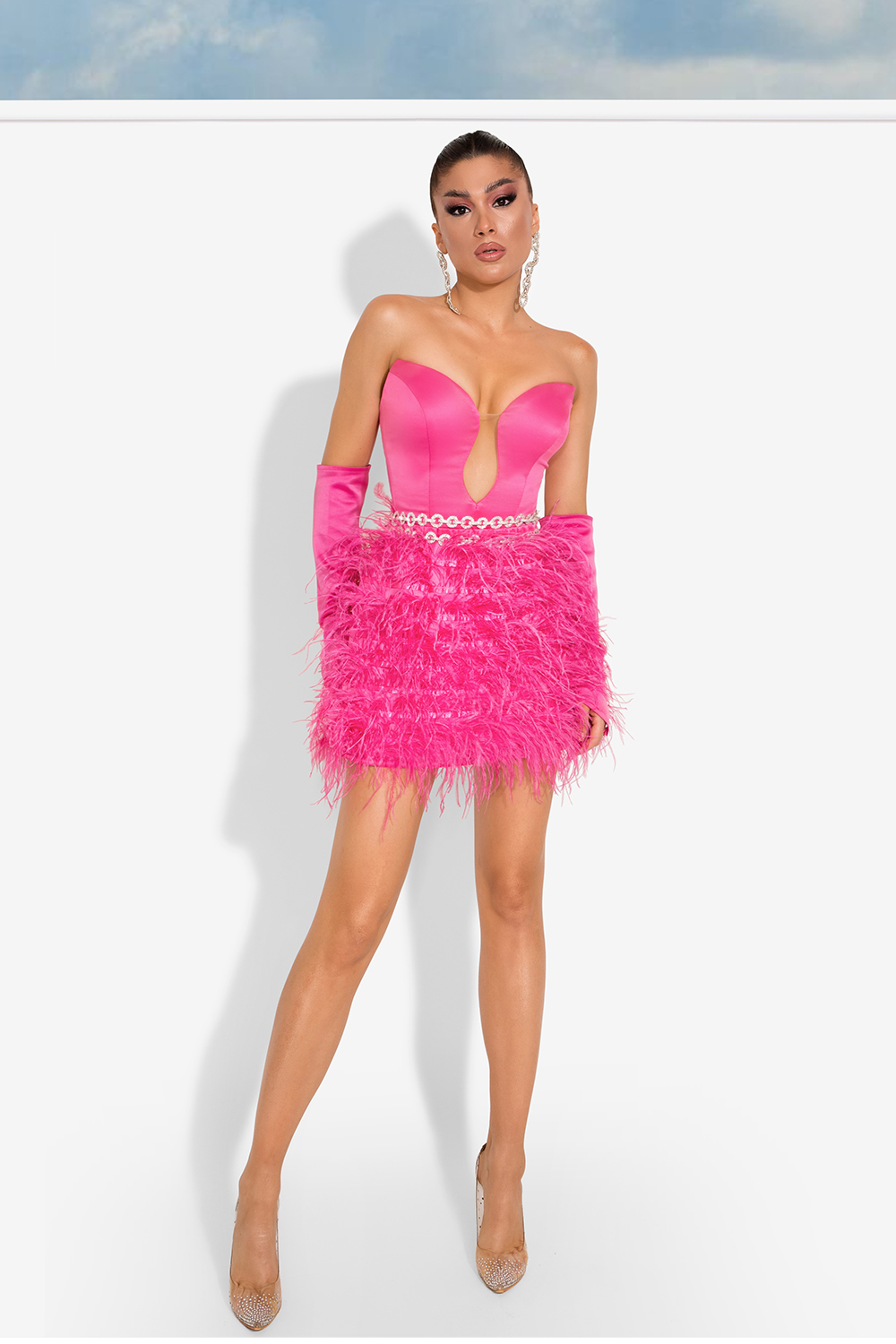 MINI SKIRT AND CROP TOP SET 3 PARTS SATIN FEATHERS HOT PINK LORETTI