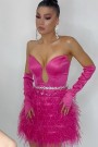 MINI SKIRT AND CROP TOP SET 3 PARTS MIRA SATIN FEATHERS HOT PINK