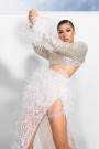 MAXI SKIRT AND CROP TOP SET LIDIA 3 PARTS SEQUIN FEATHERS GLITTER LACE WHITE AND SILVER