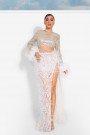 MAXI SKIRT AND CROP TOP SET LIDIA 3 PARTS SEQUIN FEATHERS GLITTER LACE WHITE AND SILVER