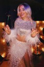 MAXI SKIRT AND CROP TOP SET LIDIA 3 PARTS SEQUIN FEATHERS GLITTER LACE WHITE AND SILVER