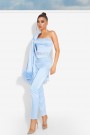 MAXI TOP WITH PANTS AND BLAZER SET JULISSA 4 PART SATIN FEATHERS LIGHT BLUE