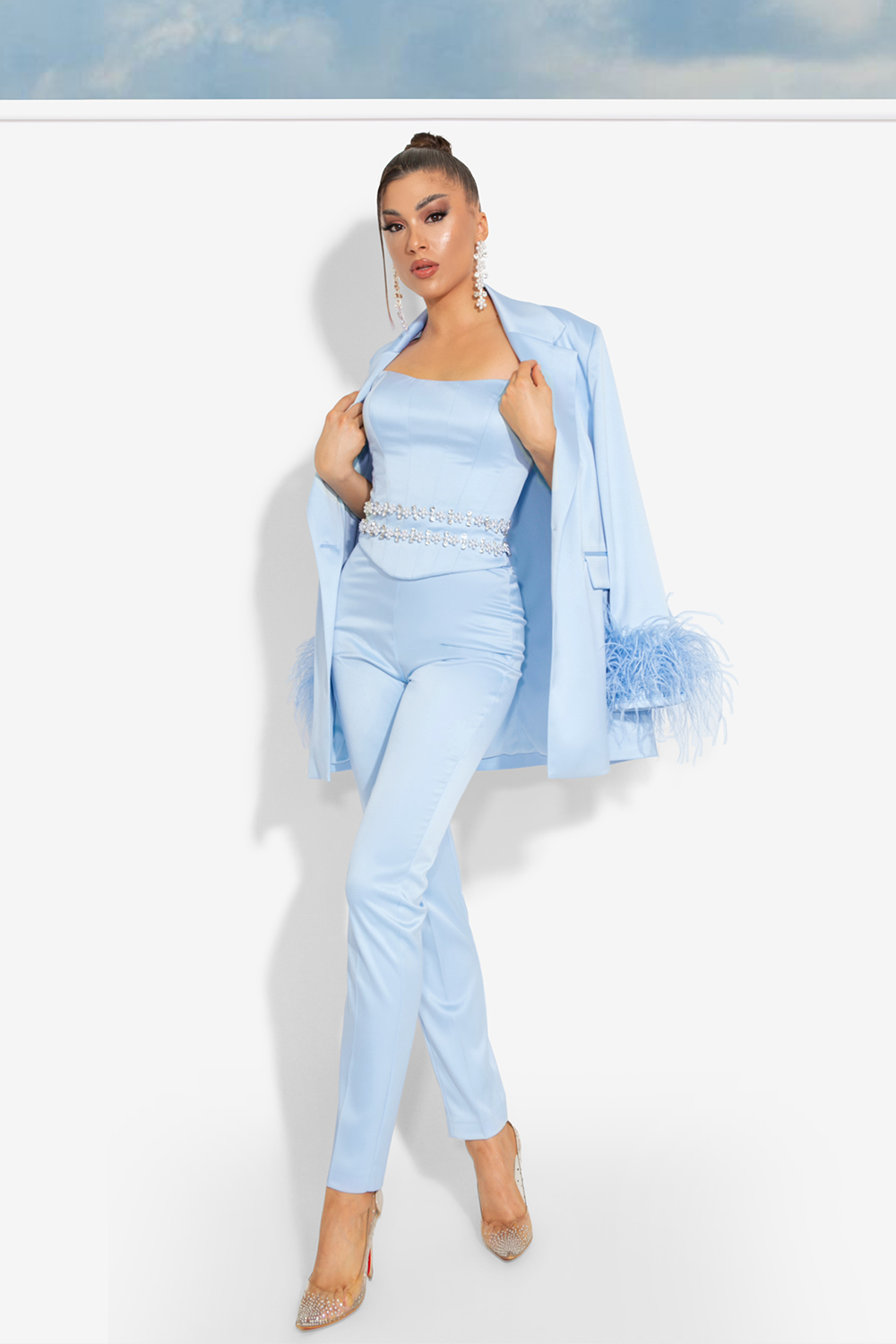 MAXI TOP WITH PANTS AND BLAZER SET JULISSA 4 PART SATIN FEATHERS LIGHT BLUE