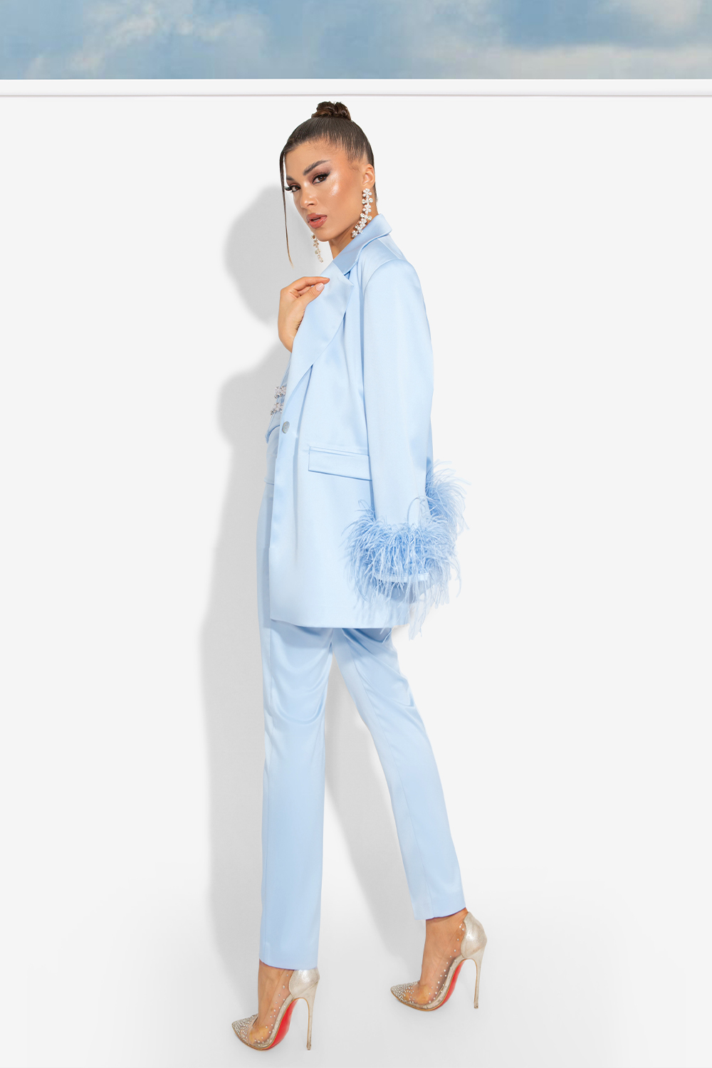 MAXI TOP WITH PANTS AND BLAZER SET JULISSA 4 PART SATIN FEATHERS LIGHT BLUE