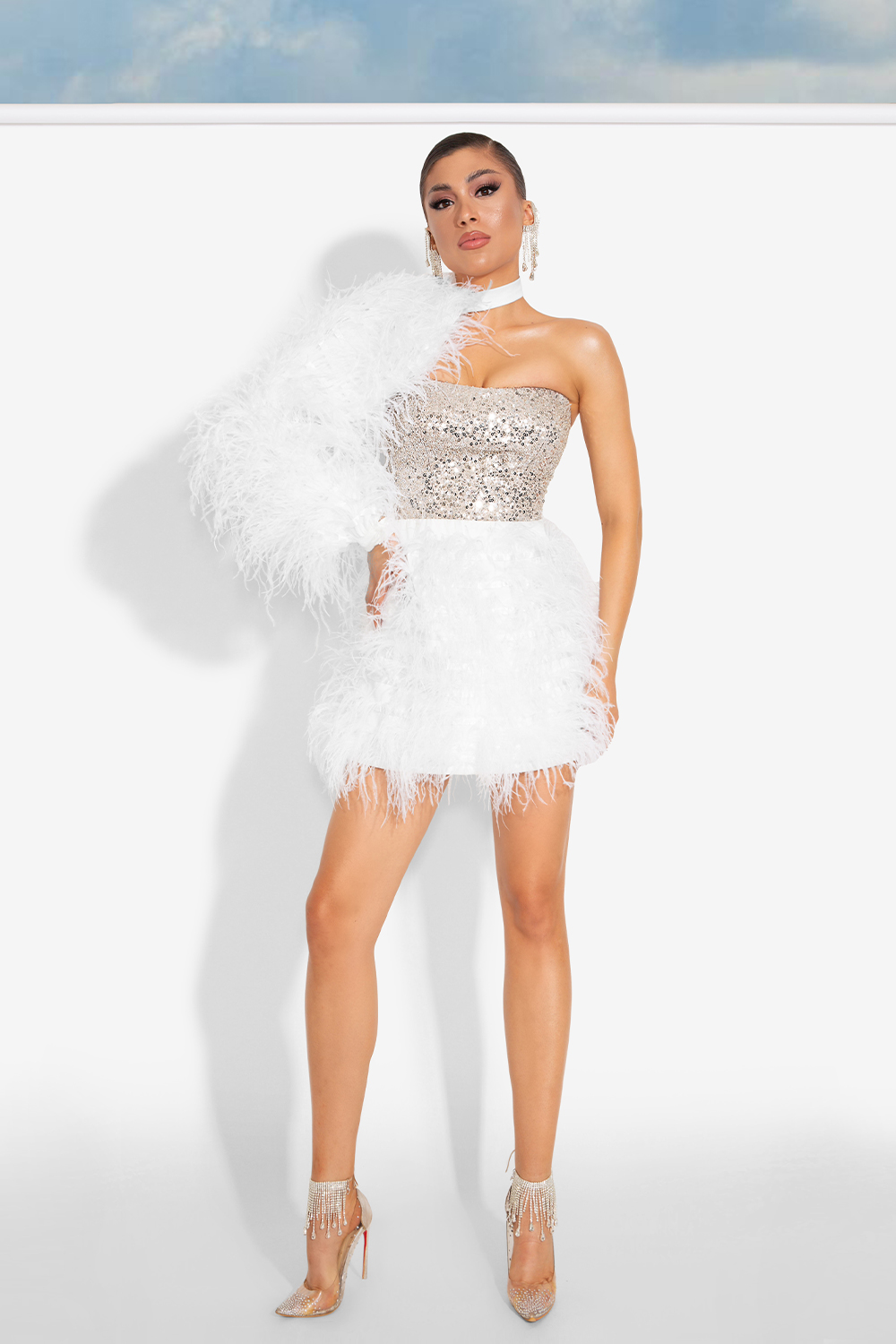 MINI SKIRT AND CROP TOP SET PAULINA 3 PARTS SEQUIN FEATHERS WHITE AND SILVER