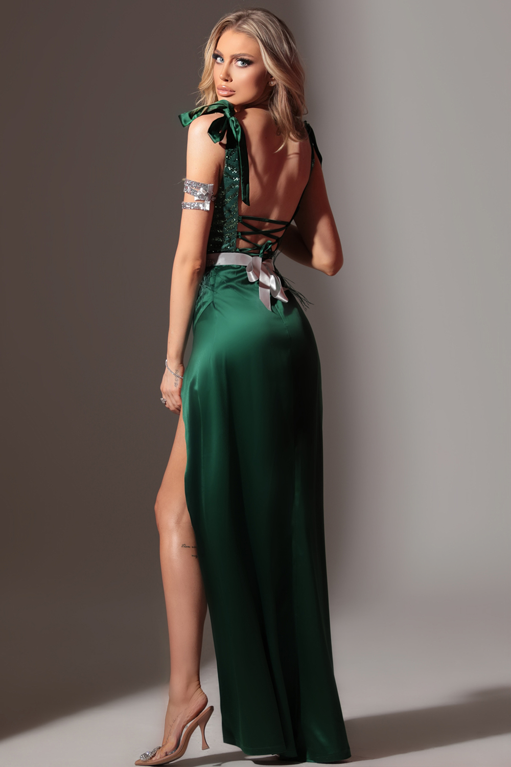 MAXI DRESS BIANCA LACE SATIN DARK GREEN