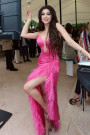 Miss Bulgaria  MAXI SKIRT AND CROP TOP SET SATIN FEATHERS HOT PINK